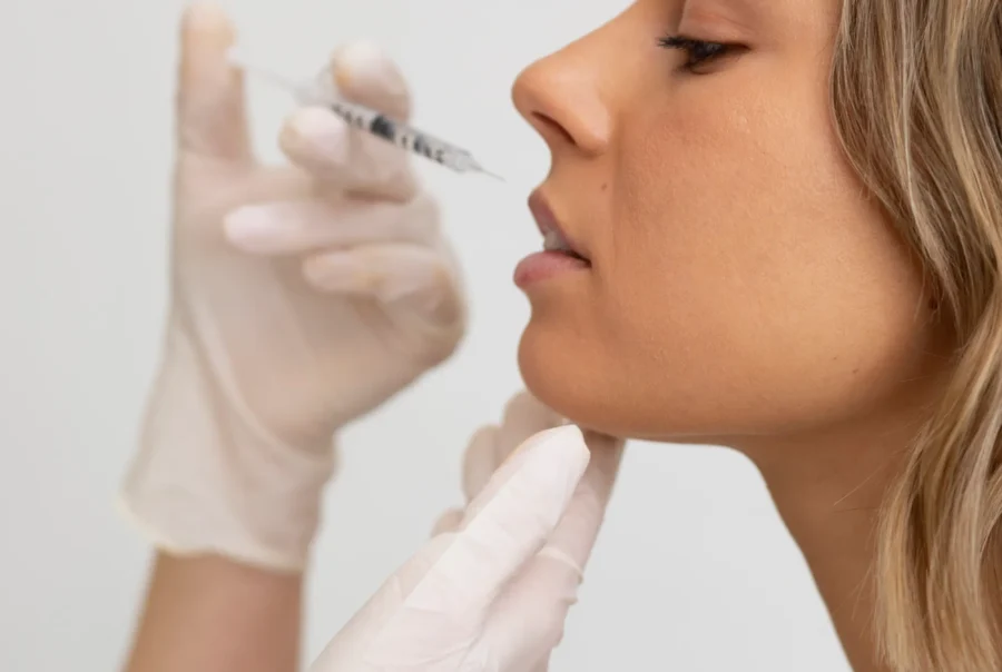 close up beautiful woman getting lip filler