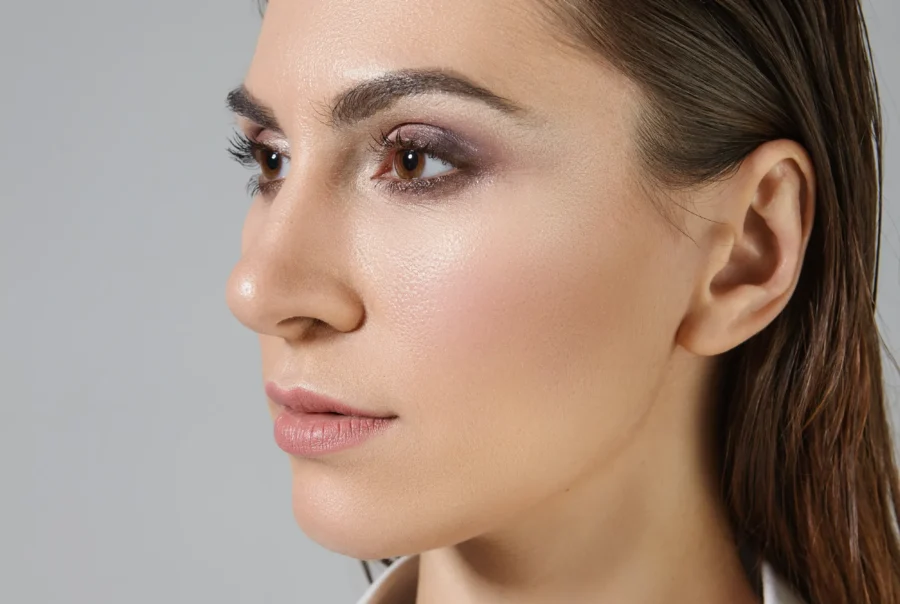 Rhinoplasty isolated vertical view fashionable stylish young brunette woman with male up dark hair combed back posing dressed silk white shirt beauty style skin hair care concept